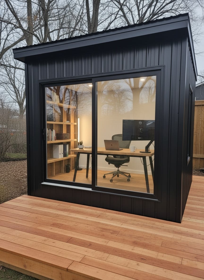 A side-by-side comparison of a cluttered, rustic wooden tool shed next to a sleek, modern garden office with floor-to-ceiling glass doors and a finished interior.