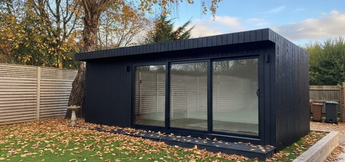 nterior of a modern garden room studio with natural light and minimalist design