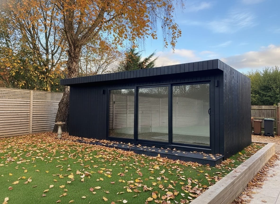 nterior of a modern garden room studio with natural light and minimalist design