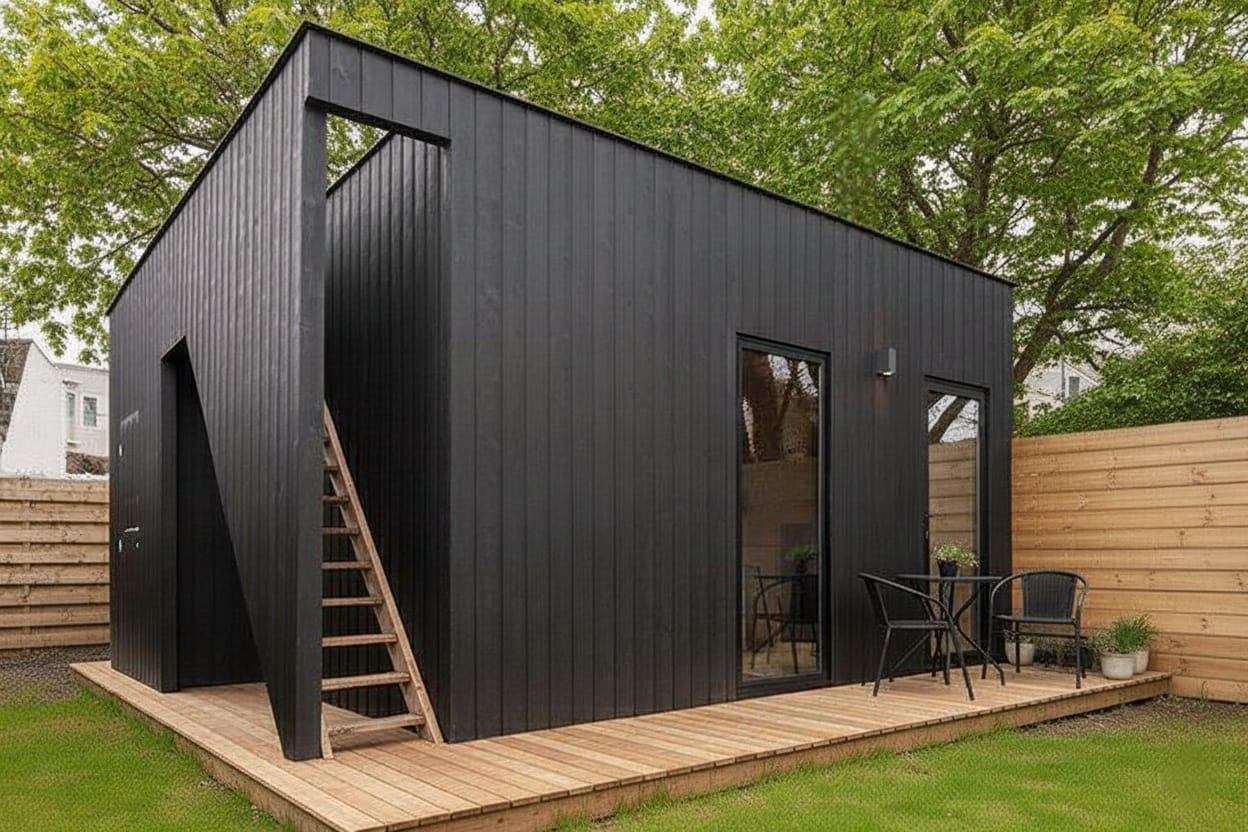 Large luxury garden room with an integrated veranda, outdoor seating, and premium grey cladding.