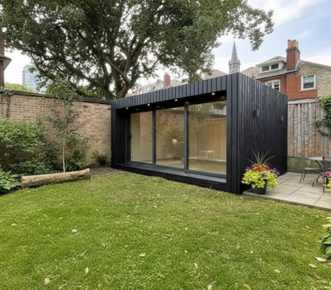 An insulated luxury garden room during winter with warm yellow light glowing from inside against the dusk.