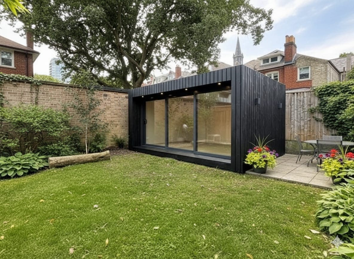 An insulated luxury garden room during winter with warm yellow light glowing from inside against the dusk.