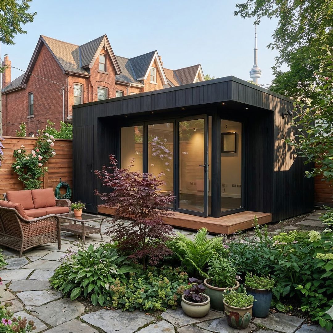 Modern black garden studio with large glass doors set in a landscaped backyard with patio seating and greenery.