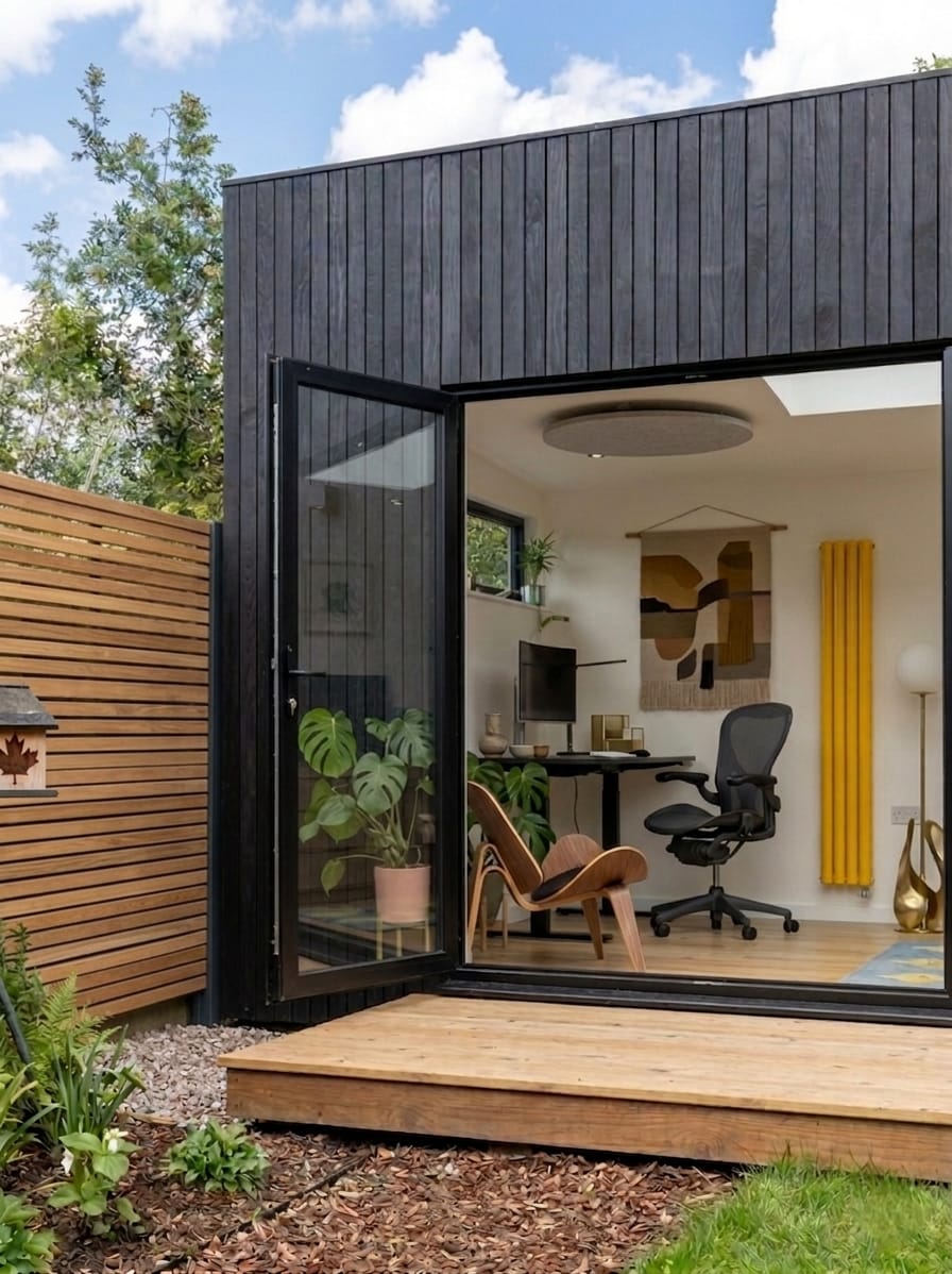 Modern garden rooms with sleek design, large windows, and wood cladding in a landscaped backyard