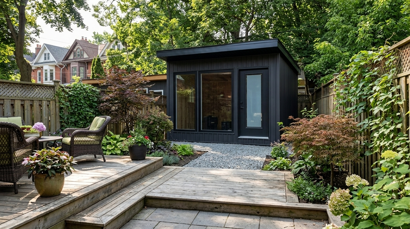Modern matte-black garden studio with floor-to-ceiling windows and a glazed entry door, nestled in a lush, fenced backyard beside a tiered cedar deck with patio seating.