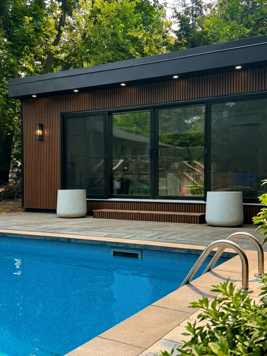 Luxury garden room Toronto custom built on site with modern wood-look siding and floor-to-ceiling windows