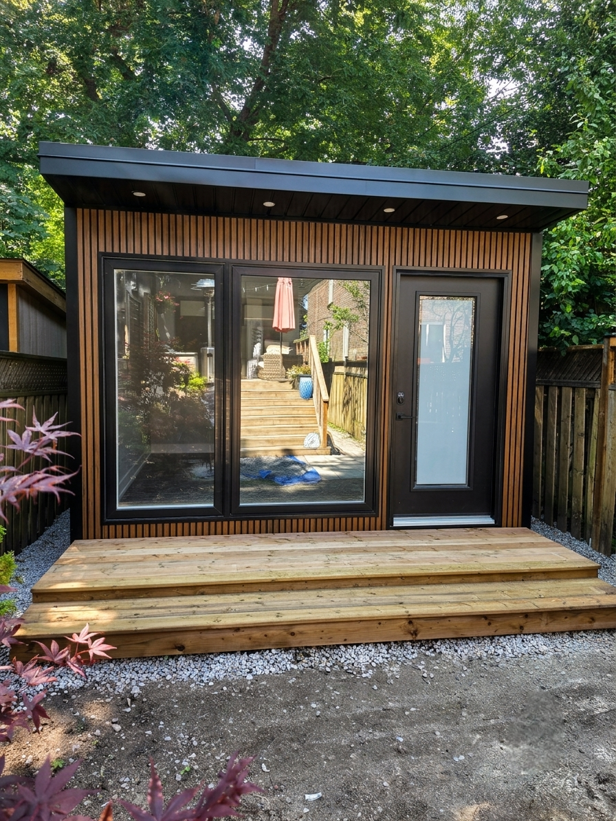 Custom-built modern garden office in Toronto with wood-look siding, large windows and glass door